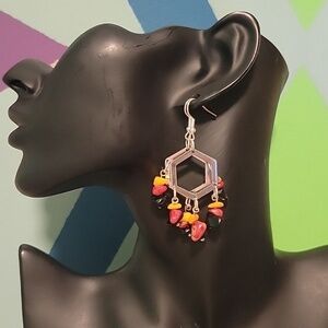 New Handmade Hexagon Shaped Fire Color Natural Stone Dangle Earrings Gift Box